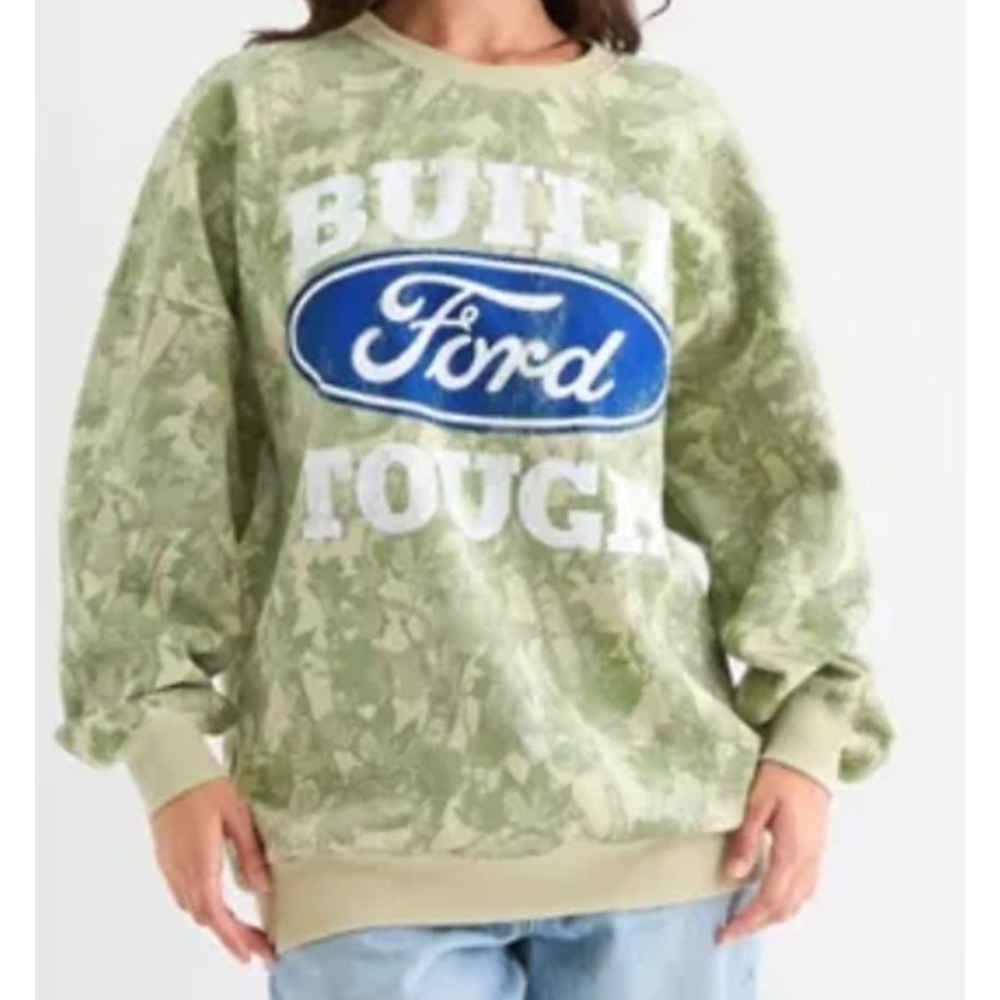 New Hybrid Apparel Ford Sweatshirt Green Camo Forest Built Ford Tough Crew Med